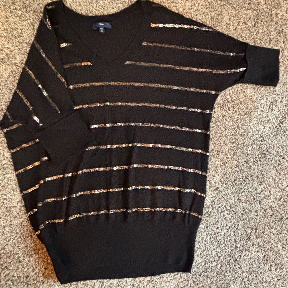 GAP Black V-Neck Sweater with Sequin Stripes